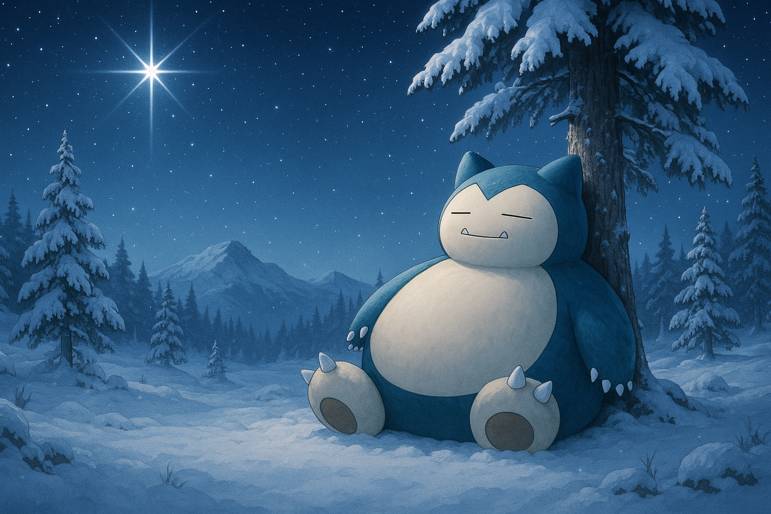 Snorlax leaning against pine tree in winter with North Star